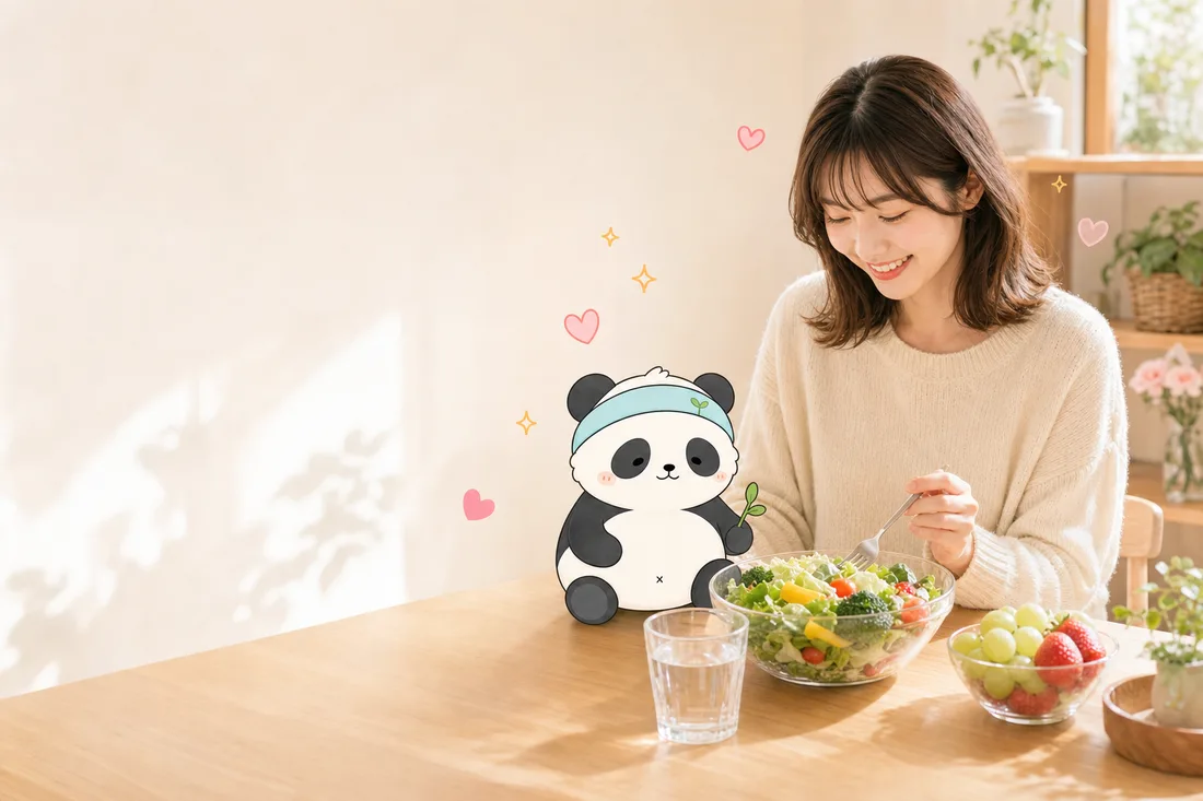 サラダを前にしたパンパンダと、ゆるくダイエットを続ける女性